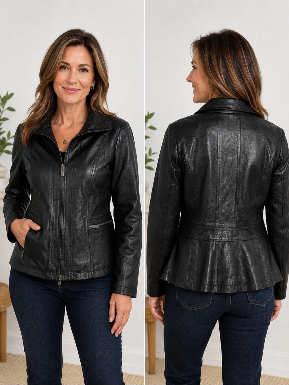 East 5th Black Genuine Leather Peplum Jacket M Fitted Zip Moto Y2K